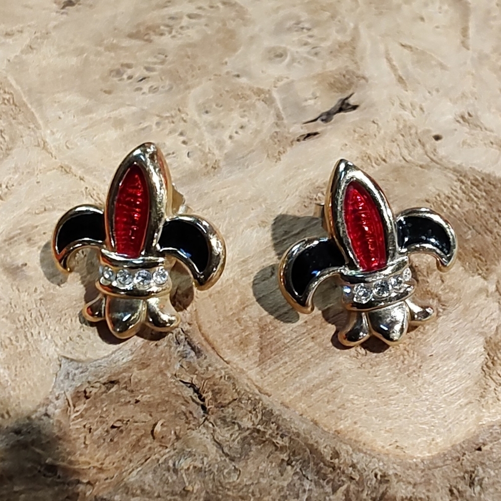 Vintage Krementz Gold Tone Red And Black Fleur-de-Lis Earrings